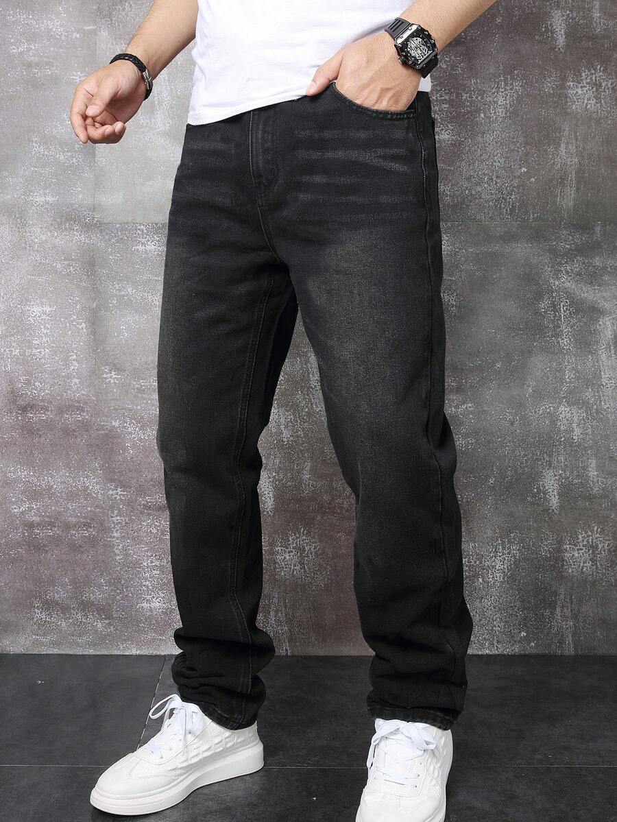 Manfinity Homme Quần jean ống đứng màu trơn đơn giản, tiện dụng, dễ phối đồ cho nam - Màu xám đen - Xem 1