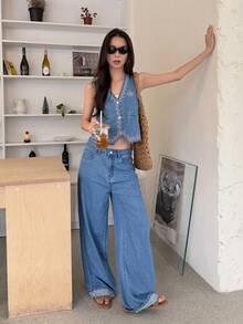 DAZY Setelan 2 Potong Wanita Gaya Liburan Musim Panas, Atasan Lucu, Motif Kontras Warna Bordir Denim Korea, Rompi dan Celana Longgar - Biru - View 8