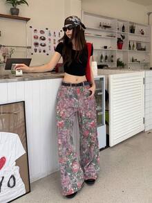 DAZY Quần jeans nữ kiểu dáng thường ngày, in họa tiết toàn thân, chất liệu denim mài, phong cách đường phố. - Hồng - Xem 5