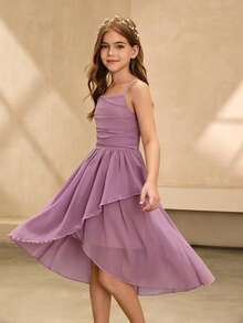 Tween-Mädchen Elegantes luxuriöses rosa Midikleid mit Spaghettiträgern, Off-Shoulder, geeignet für Party, Bankett, Abendveranstaltung, Geburtstag, Aufführung, Hochzeit, Abschlussball, Urlaub und andere Anlässe - Violett - Übersicht 6