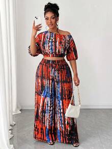 Maweii Setelan 2 Potong Lengan Pendek Kerah Asimetris Motif Fashion Ukuran Plus - MultiWarna - View 5