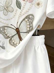 2pcs/Set Teen Girl Casual Loose Round Neck Short Sleeve T-Shirt And Shorts, Suitable For Spring And Summer - White - View 5