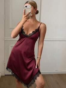 DAZY 2pcs Women's Summer Satin & Lace Patchwork Ruffle Sleeve Robe Set, Adjustable Waist Camisole Shorts Pajama Suit - Burgundy - View 6