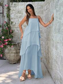 Aloruh Gaun Liburan Elegan dengan Hem Berlapis dan Tali Bahu Tipis - Baby Blue - View 8
