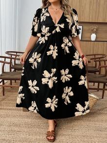 SHEIN CURVE+ Đầm dáng chữ A cổ chữ V thắt eo, cỡ US22, thích hợp cho lễ hội âm nhạc, kỳ nghỉ biển, phong cách bohemian thanh lịch, dài ngang gối, duyên dáng. - Nhiều màu - Xem 3