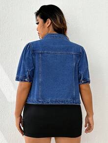 Firerie Plus Size Women Distressed Single-Breasted Short Sleeve Denim Jacket - Dark Wash - View 2