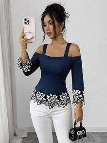 SHEIN Elenzya 优雅浪漫度假风黑白3D立体花卉饰边露肩T恤（女款） - 藏蓝色 - 查看 1