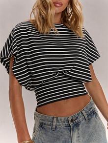 SHEIN BAE Brown Contrast Stripe Casual Top, Suitable For Commuting And Vintage Style, Spring/Summer - Black - View 5