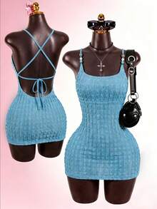 SaltGleam SaltGleam Vestido mini ajustado y con textura de unicolor y espalda descubierta para mujer - Azul - Ver 5
