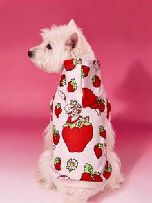 Strawberry Shortcake X SHEIN 1 Áo hoodie in hình hoạt hình dễ thương cho thú cưng, quần áo cho mèo, quần áo cho chó, cỡ XXS-XXXXL, họa tiết dâu tây, ngọt ngào, đồng quê. - Màu Hồng baby - Xem 2