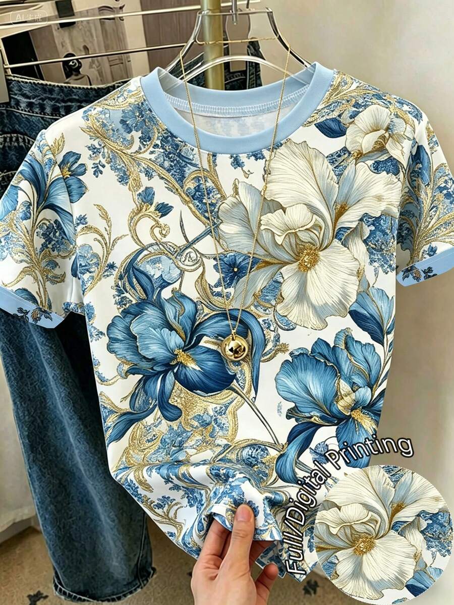 Resyla Women's Casual Floral Print Round Neck Short Sleeve T-Shirt, Versatile For Daily Wear - Multicolor - View 1