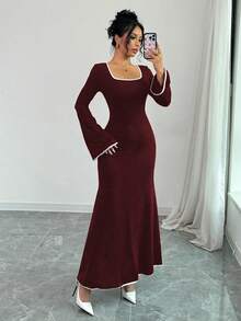 Selianne 女士优雅撞色滚边方领喇叭袖鱼尾裙摆连衣裙 - 酒紅色 - 查看 3
