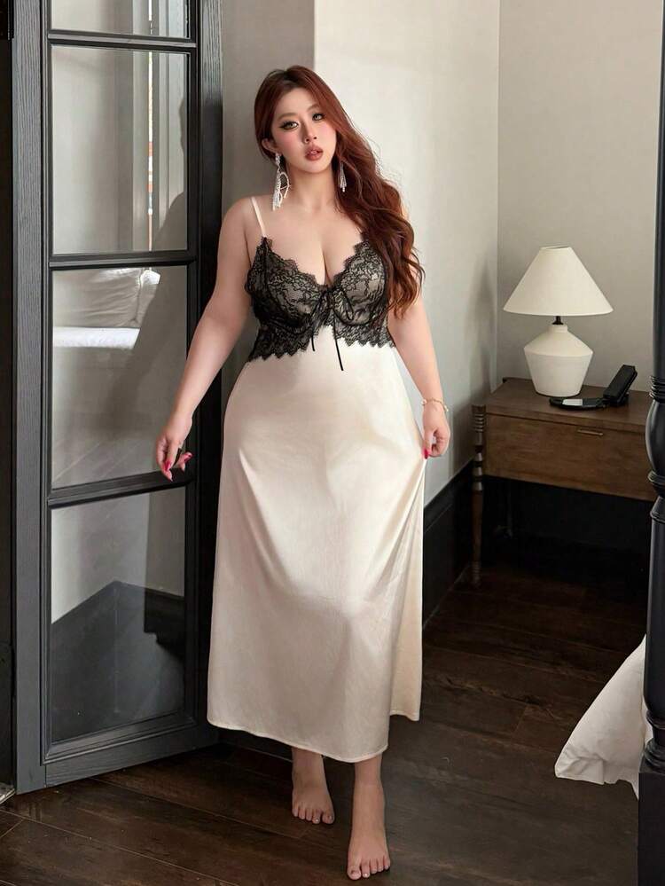 Dazy Plus Plus Size Women's Elegant Sexy Lace Patchwork Slip Dress, Colorblock, Spring/Summer Nightgown