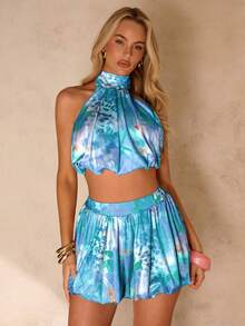 SHEIN Glamour Women's 2 Pieces Sets Blue Floral Summer Boho Beach Vacation Holiday Holiday Halter Neck Backless Sleeveless Top And Skort Set,Rave Outfits - Multicolor - View 4