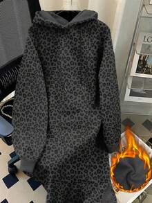 Resyla Women's Fleece Hooded Dress With Drawstring And Leopard Long Sleeve Sweathirt Graphic Outfit - Multicolor - View 1