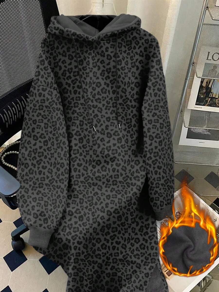 Resyla Women's Fleece Hooded Dress With Drawstring And Leopard Long Sleeve Sweathirt Graphic Outfit - Multicolor - View 1