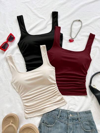 Soleia Women's Black Knit Tank Top,Elegant Square Neck Ruched Bohemian Chic Beach Vacation Wedding Guest Clothing Date Night Attire  No Chest Padding
