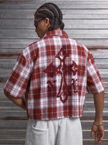 AXEPEAK Men's Plaid & Cross Print Casual Short Sleeve T-Shirt - Red - View 2