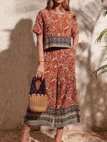 SHEIN VCAY Paisley Print Blouse & Wide Leg Pants - Multicolor - View 1