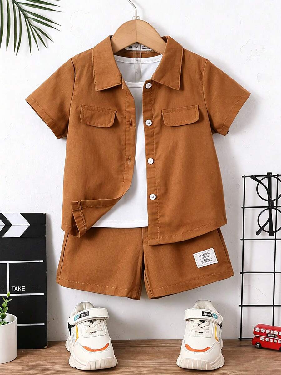 SHEIN Explorewe 男童纯色单排扣短袖衬衫和短裤休闲日常穿搭 - 棕色 - 查看 1