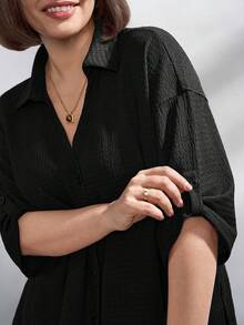 Chikora Plus Size Women's Solid Color Single-Breasted Top And Wide-Leg Pants Set, Suitable For Office Wear And Various Occasions In Summer - Black - View 5