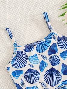 Cozy Pixies Baju Renang Terusan Bayi Perempuan untuk Liburan, Motif Kerang Biru & Putih, Tali Bahu Tipis, Hem Berkerut, Baju Renang Lucu dengan Trim Kontras untuk Kolam Renang, Liburan - Blue and White - View 6