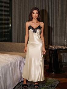 SHEIN Đầm maxi SilkySpell 1 mảnh dành cho nữ, kiểu dáng gợi cảm, cổ chữ V sâu, dây mảnh, phối ren, hở lưng, buộc dây, phù hợp cho mọi mùa, có thể mặc như đầm dạ hội. - Rượu sâm banh - Xem 4
