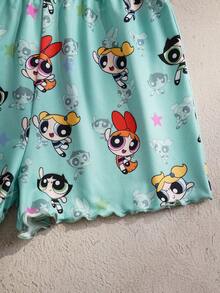 THE POWERPUFF GIRLS X SHEIN 少女可爱卡通印花吊带背心短裤睡衣套装，夏季 - 彩色 - 查看 5