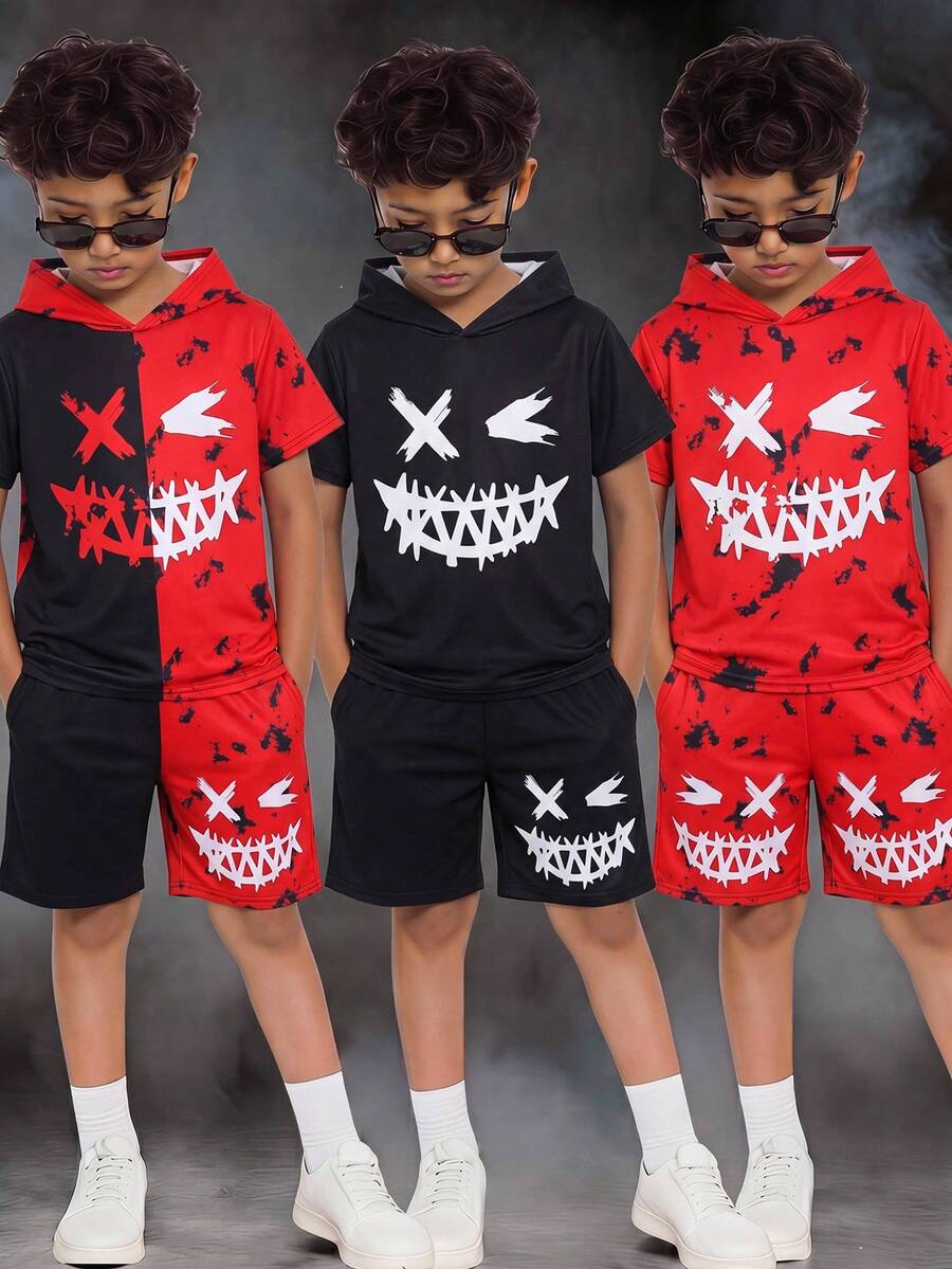 两件套儿童/青少年男童休闲简约经典酷炫印花短袖圆领T恤和印花短裤套装，适合夏季、观看赛车比赛、赛车运动和休闲活动。