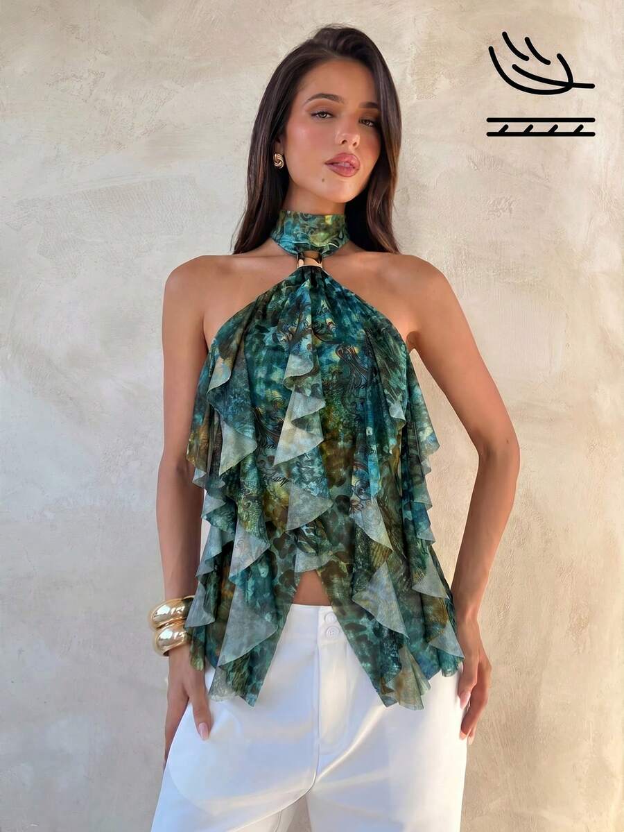 Aloruh Áo tank top ôm dáng cổ đứng nhiều lớp, viền bèo nhún, thanh lịch dành cho nữ - Màu xanh lá cây đậm - Xem 1