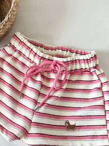 SuriyaCove Women's Puppy Embroidery Striped Contrast Color Drawstring Waist Shorts - Multicolor - View 6