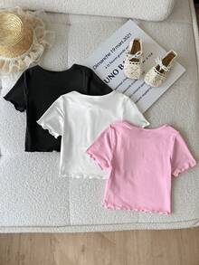 SHEIN 3件套儿童/少女夏季柔软可爱蝴蝶结印花黑白粉色T恤上衣，休闲日常时尚百搭，适合外出、旅行、露营、拍照、亲子装 - 彩色 - 查看 2