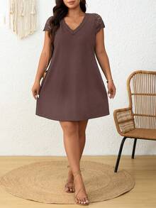 SHEIN Frenchy Plus Size Women V-Neck Contrast Lace Casual Dress - Coffee Brown - View 4