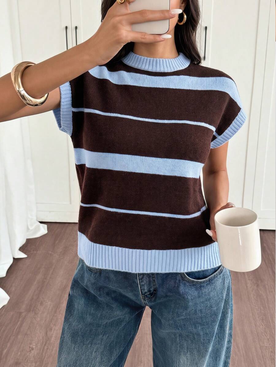 SHEIN Tall Blusa de punto holgada de manga corta y cuello redondo a rayas para mujer, de verano - Azul - Ver 1