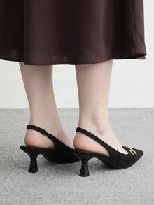 CUCCOO BIZCHIC 女士春夏金属扣尖头高跟绒面革后跟带纯色高跟鞋，适合日常通勤、约会等场合，百搭时尚 - 黑色a - 查看 2