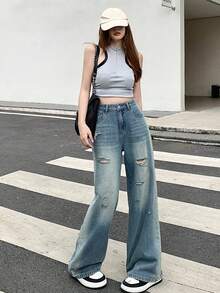DAZY Women's Casual Washed Distressed Denim Jeans Petite - Blue - View 2