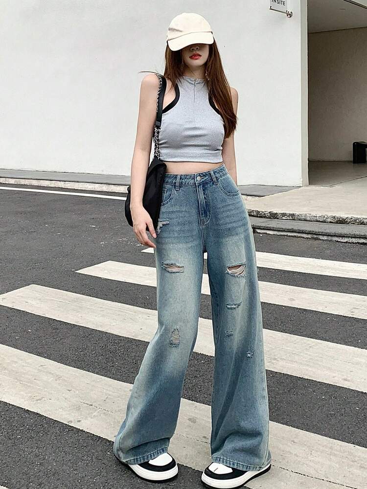 Women's Casual Washed Distressed Denim Jeans Petite