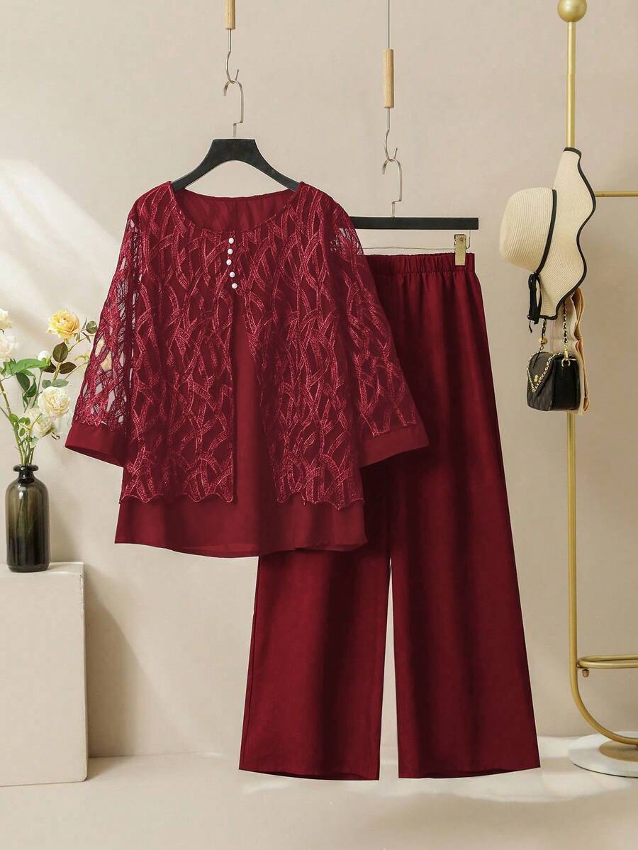 SHEIN Lacomfia 优雅网纱拼接圆领七分袖宽松常规衬衫和松紧腰裤两件套,大码,春秋季 - 酒紅色 - 查看 1