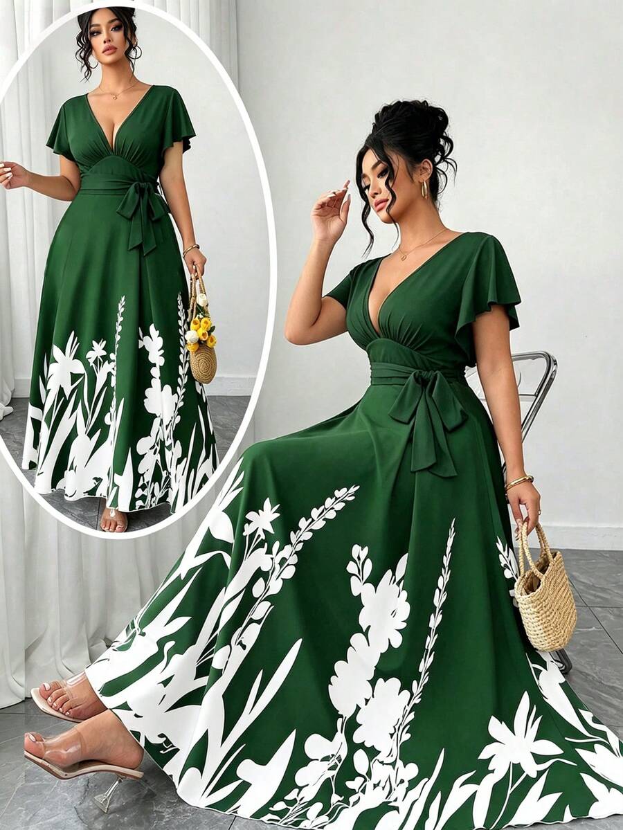 Elenzga Plus Size Women's Dark Green V-Neck Bowknot Waist A-Line Dress,Printed Patchwork Ruffled Hem Summer Elegant Tea Party Dress For Daily,Vacation,Work - Multicolor - View 1