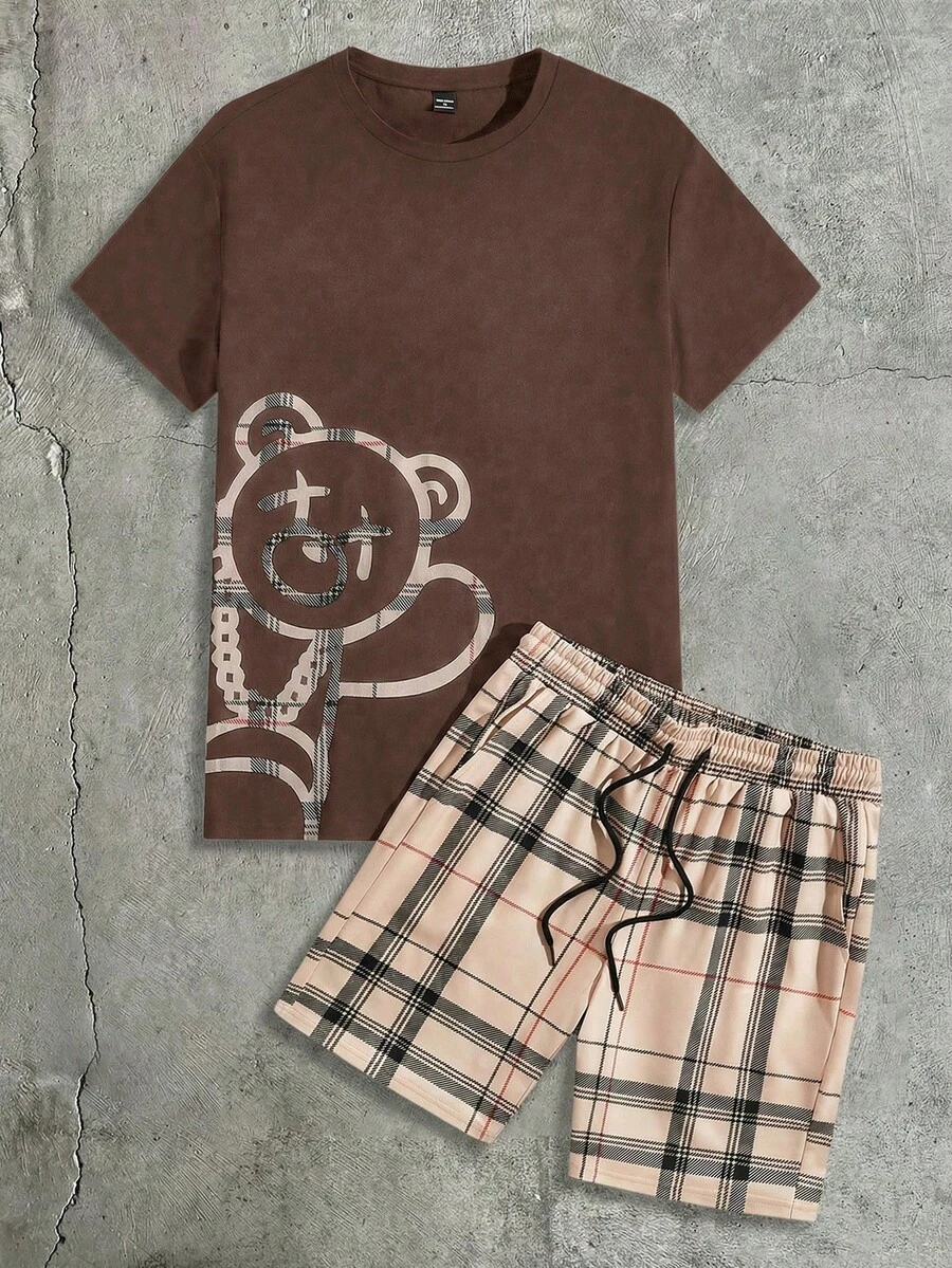 AXEPEAK Men's Casual Bear Print T-Shirt And Plaid Shorts Set - Coffee Brown - View 1