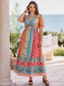 Rosumi Plus Size Women Deep V-Neck Floral Print Ruched Casual Boho Party Vacation Dress Baby Blue Summer - Multicolor - View 3