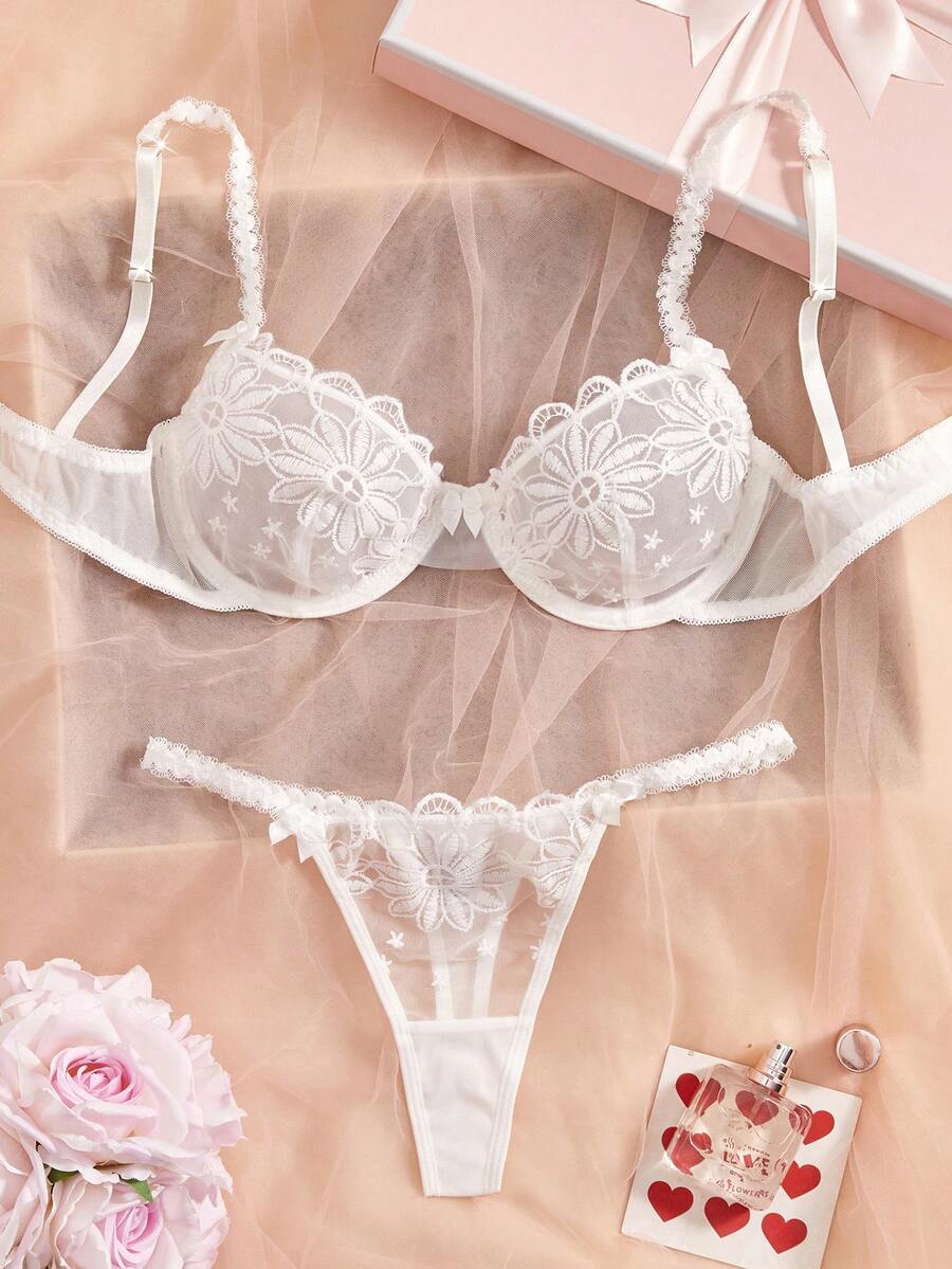 Crystal Vow Conjunto de lencería bordada para mujer, sujetador con aros delgado, conjunto de 2 piezas de pantys - Blanco - Ver 1