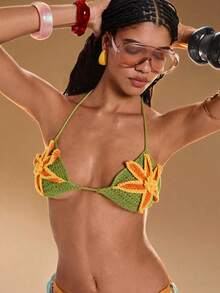 ROMWE Y2K Áo croptop dệt kim hở lưng, gợi cảm, họa tiết hoa 3D hoang dã, thích hợp cho kỳ nghỉ xuân/hè. - màu xanh lá - Xem 1