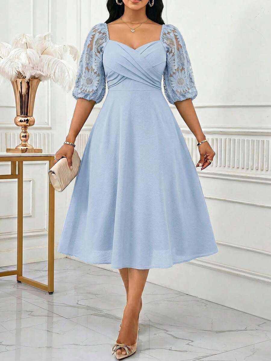 SHEIN Lady Women's Elegant Ellegant Light Blue Midi Dress With Sweetheart Neckline And Lace Balloon Sleeves Perfect For Parties Wedding,Dresses For Women Summer - Baby Blue - View 1