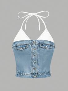 Resyla Y2K Denim Print Casual Halter Neck Camisole 2 In 1 Tube Top Tees - Multicolor - View 3