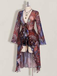 SHEIN ICON Plus Size Women Deep V-Neck Floral Print Casual Vacation Robe - Multicolor - View 6