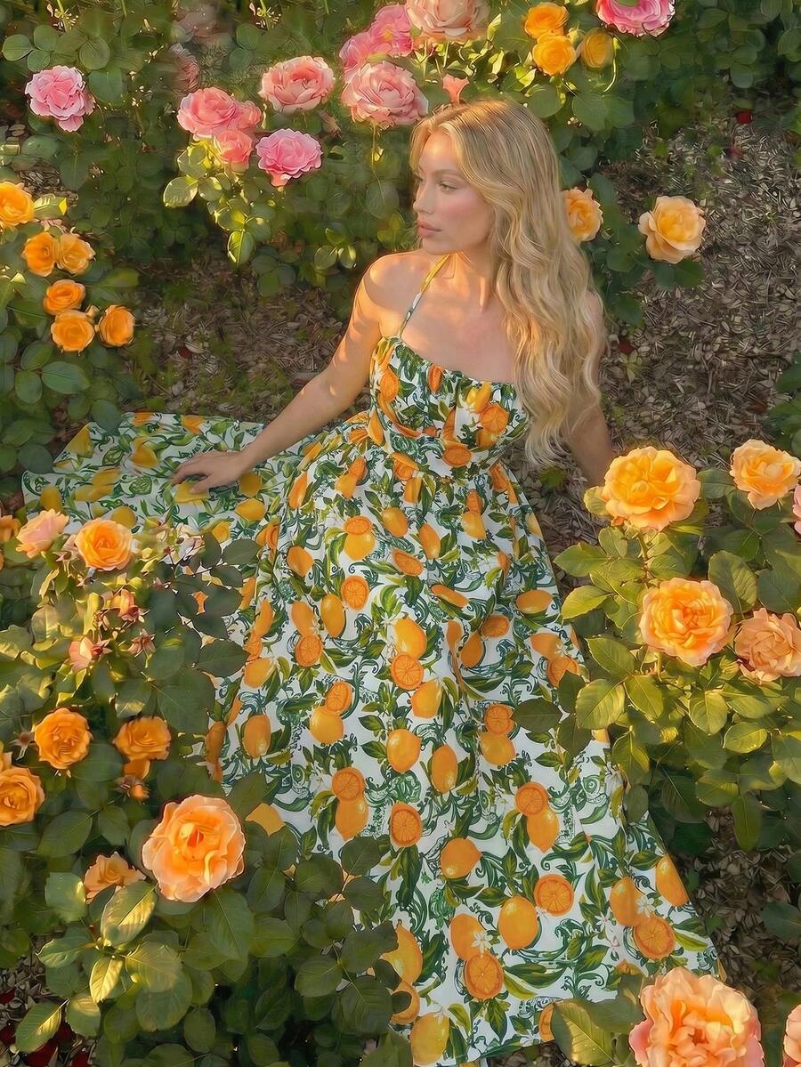 Skyraze Backless Bow-Tie Lemon Print Dress - Multicolor - View 1