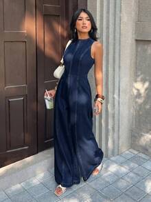 SHEIN PETITE Bộ jumpsuit denim nữ mùa hè kiểu dáng thường ngày, buộc dây, hở lưng. - Rửa tối - Xem 2