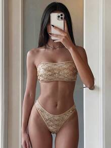 Costavie 2-Piece Floral Sequin Textured Bandeau Bikini Set, Sexy Swimwear For Women, Spring/Summer - Gold - View 5