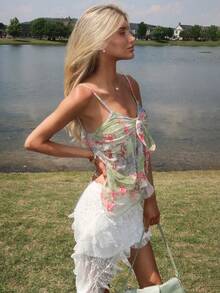 Sydney Algeri Áo ba lỗ lưới in hoa màu xanh lá cây dành cho nữ, thường ngày khi đi nghỉ - Nhiều màu - Xem 5